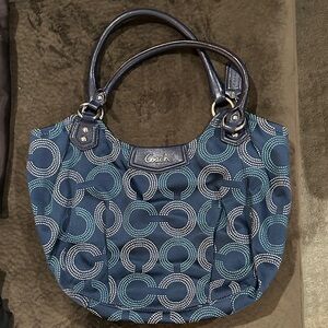 Coach Navy and Teal Patterned Shoulder Bag